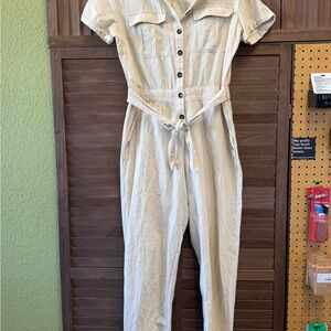 Roxy Women's Button-Front Short Sleeve Jumpsuit in Light Beige